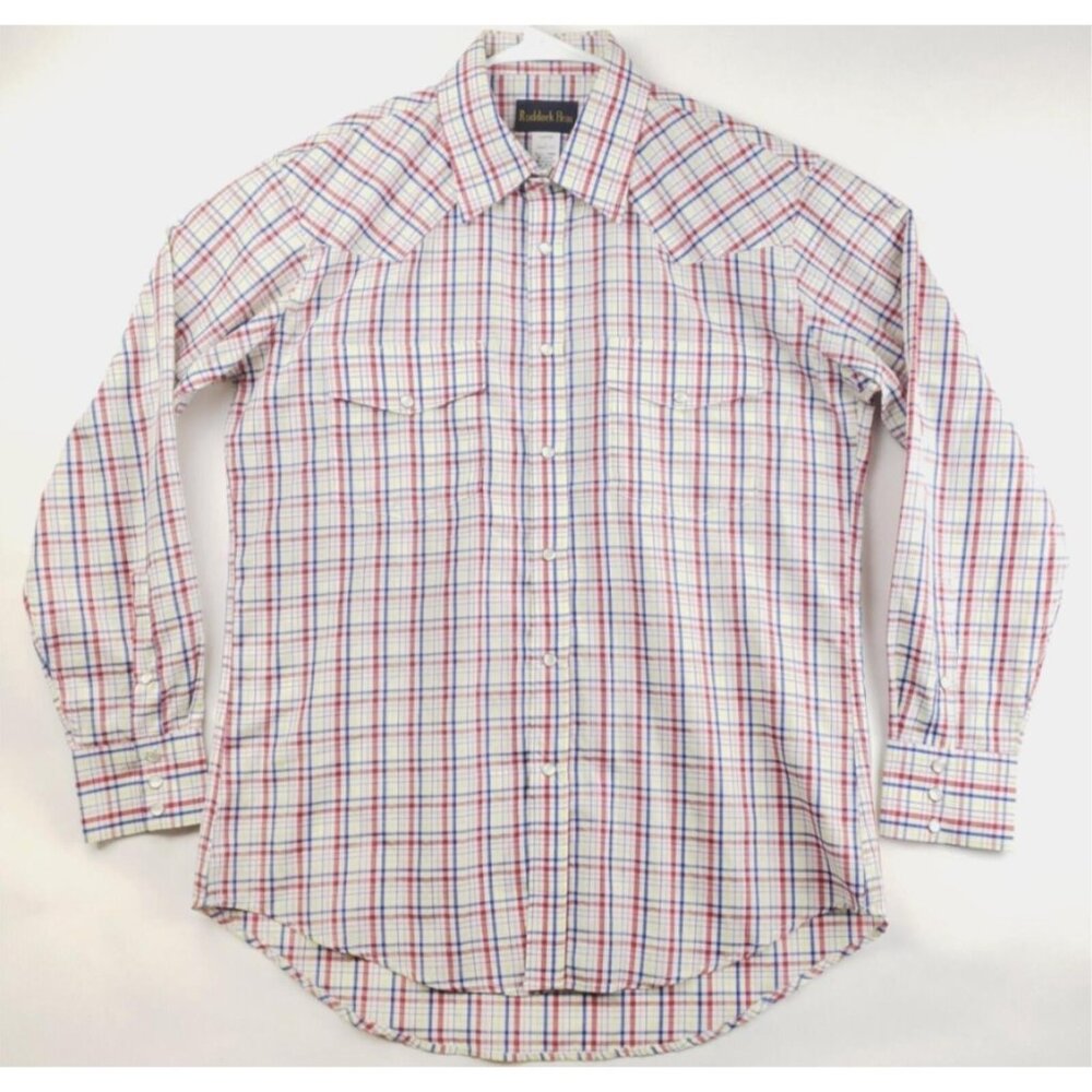 Vintage Ruddock Bros Shirt Mens Large Blue Red White Pearl Snap Plaid Classic